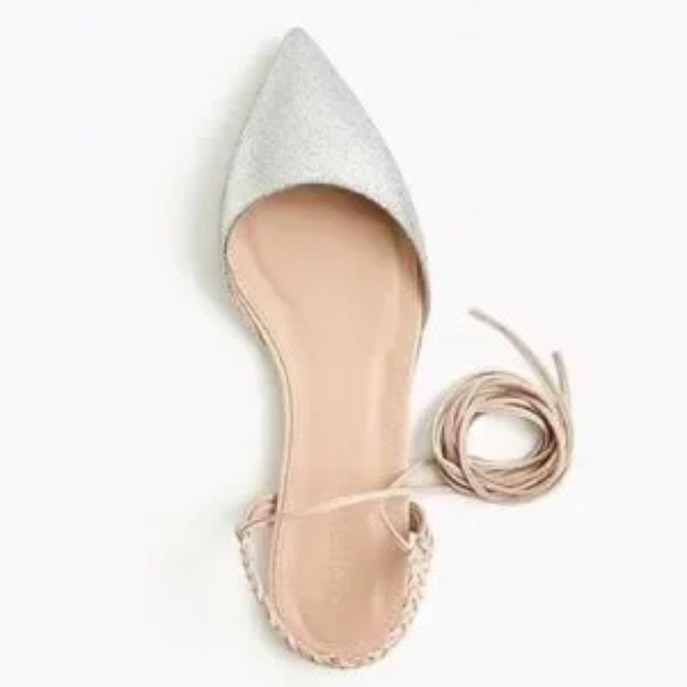 J Crew pointed toe glitter silver flats lace up sz 7